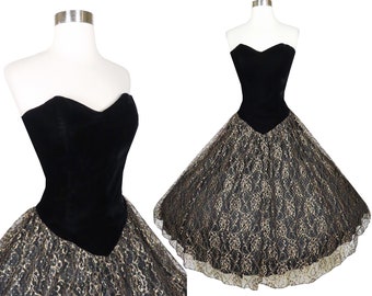 Vintage 80s 50s Black Velvet Strapless Gold Metallic Lace Full Skirt Prom Party Dress S M Small Medium Swing Dance Rockabilly Pinup Smocked