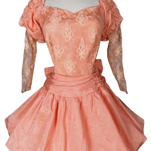 Vintage 80s Peach Lace Balloon Bubble Skirt Puff Sleeve Moire Taffeta Floral Prom Party Dress L Large image 2