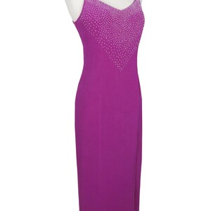 Vintage 80s 90s Pink Purple Magenta Beaded Spaghetti Strap Sheath Slit Maxi Prom Party Dress S M Small Medium Sleeveless Beading Formal image 5