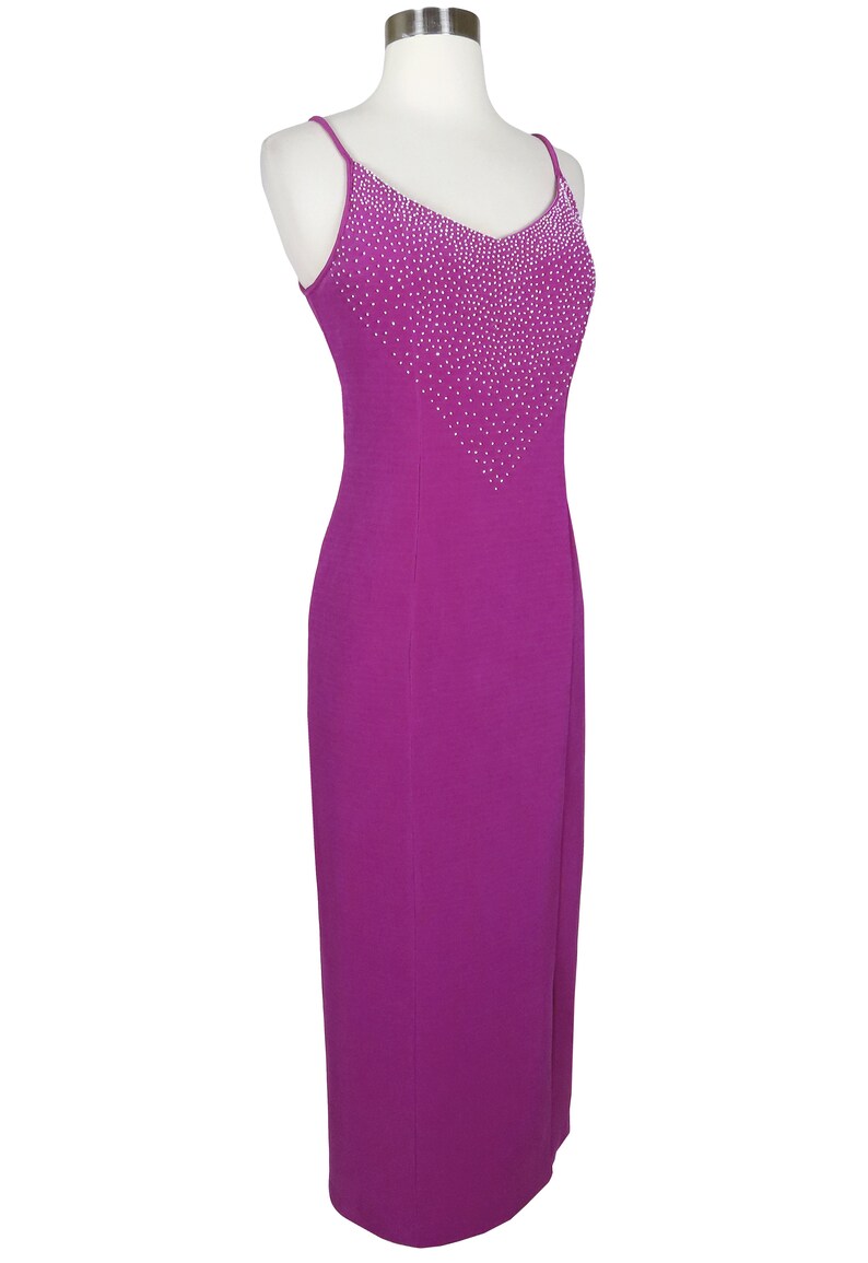 Vintage 80s 90s Pink Purple Magenta Beaded Spaghetti Strap Sheath Slit Maxi Prom Party Dress S M Small Medium Sleeveless Beading Formal image 5