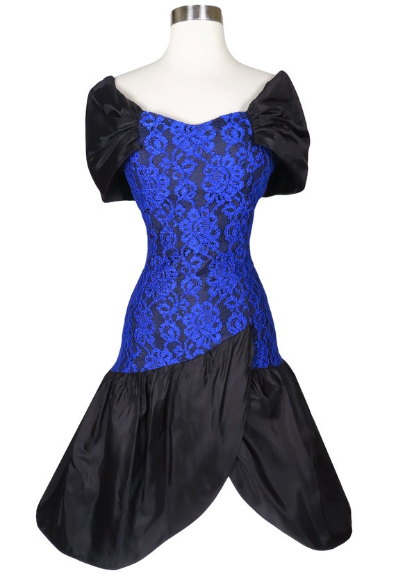 Vintage 80s Black Blue LACE Full Skirt Mermaid Pr… - image 2