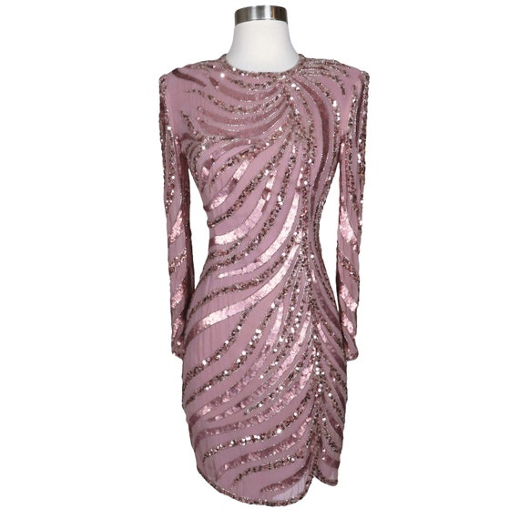 Vintage 80s 90s Pink Sequin Silver Beaded Cocktai… - image 2