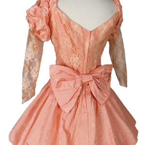 Vintage 80s Peach Lace Balloon Bubble Skirt Puff Sleeve Moire Taffeta Floral Prom Party Dress L Large image 5