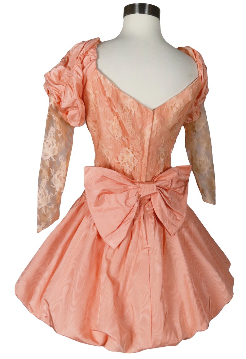 Vintage 80s Peach Lace Balloon Bubble Skirt Puff Sleeve Moire Taffeta Floral Prom Party Dress L Large image 5