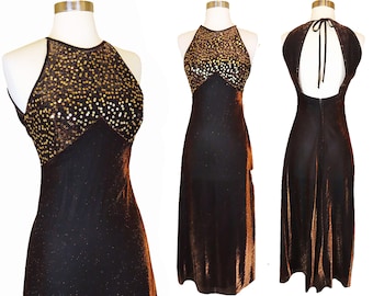 Vintage 80s 90s Dress XS S Slip Maxi Prom Party SEQUIN Bronze Gold Metallic Lamé Lurex Long Formal Open Back Sleeveless Grunge 1990s