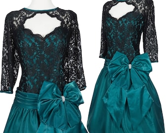 Vintage 80s Black Lace Teal Blue Green Satin Full Skirt Big Bow Prom Party Dress XL Extra Large Hi Lo Cut Out Womens Costume Formal Dance