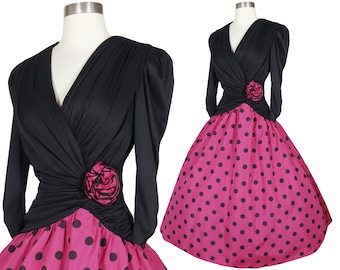 Vintage 80s 50s Pink Black Polka Dot Ruched Draped Dance Full Skirt Prom Party Dress S Small Taffeta Rockabilly Formal Dance Costume Womens
