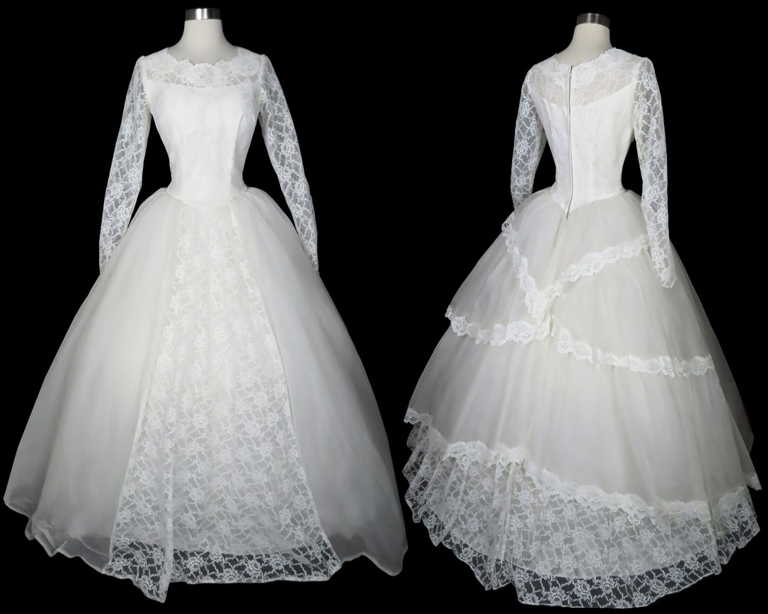 Vintage 50s White Floral LACE Tiered Wedding Dress Formal Bridal Gown S ...
