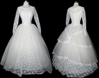 Vintage 50s White Floral LACE Tiered Wedding Dress Formal Bridal Gown S Small Sheer Long Sleeve Womens Full Skirt Tiered Rockabilly Pinup