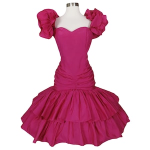 Vintage 80s Fuchsia Pink Ruffle Ruched Tiered Full Circle Mermaid Skirt Prom Queen Party Dress M Medium L Large Formal Dance HoCo Homecoming