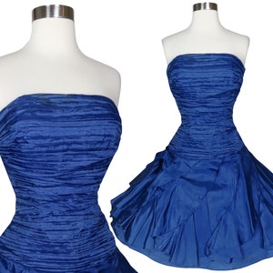 Vestido vintage de los años 80 y 90 con falda corta y volantes sin tirantes en azul para fiesta de graduación, cóctel, XS, extra oscuro, Fairycore, para mujer, con pliegues y frunces