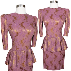 Vintage 80s Pink Metallic Shiny Gold Puff Sleeve Ruffle Peplum Sheath Cocktail Party Dress S Small Half Sleeves Womens Shoulder Pad Costume