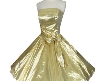 Vintage 80s 50s Gold Metallic Prom Cocktail Party Dress S Small Lamé Foil Loralie Strapless Full Skirt Shiny NOS Tag Rockabilly Swing Pinup