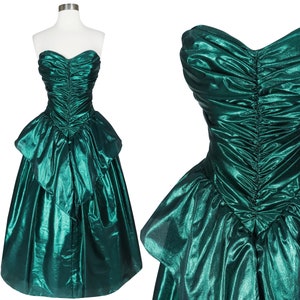 Vintage 80s Metallic Green Lamé Foil Strapless Ruched Peplum Full Skirt Ballgown Prom Party Dress Ball Gown XS S Extra Small image 1