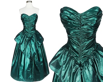 Vintage 80s Metallic Green Lamé Foil Strapless Ruched Peplum Full Skirt Ballgown Prom Party Dress Ball Gown XS S Extra Small