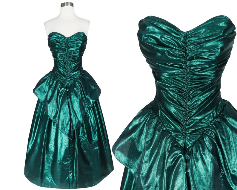 Vintage 80s Metallic Green Lamé Foil Strapless Ruched Peplum Full Skirt Ballgown Prom Party Dress Ball Gown XS S Extra Small image 1