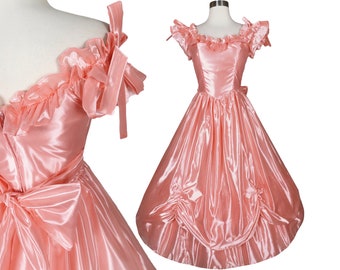 Vintage 80s Peach Ruffle Ballgown Bows Southern Belle Civil War Style Full Skirt Long Ball Gown Formal Prom Party Dress XS Extra Small