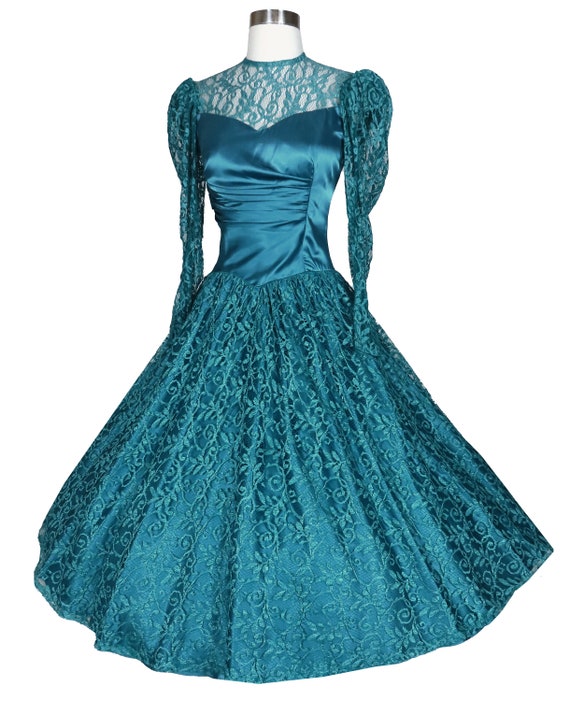 Vintage 80s 40s Teal Blue Green Lace Satin Prom P… - image 2