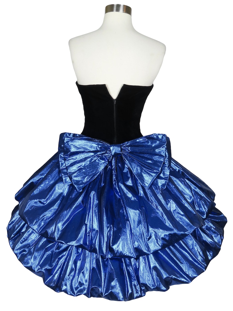 Vintage 80s Metallic Blue Lamé Foil Black Velvet Strapless Double Bubble Skirt Prom Party Dress XS Extra Small BEST Costume Dance Glam Queen image 3