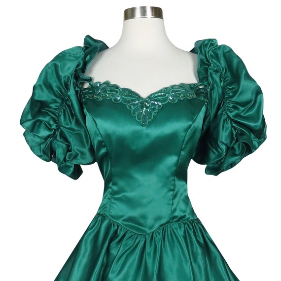 Vintage 80s Green Satin Puff Sleeve Full Skirt Pr… - image 5
