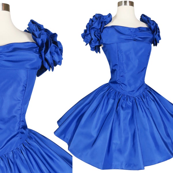 1980s vintage evening dress, Iridescent blue taffeta and ruffles, strapless prom party dress, medium