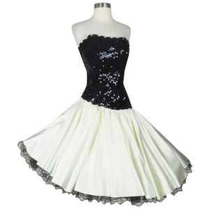 Vintage 80s Black Sequin Strapless Off White Satin Full Circle Skirt Zum Zum Prom Party Dress S M Small Medium NOS New Tags Lace Petticoat