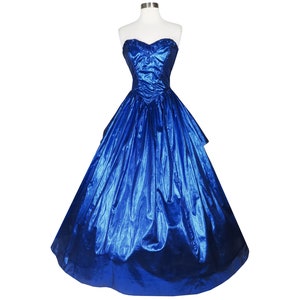 Vintage 80s Strapless Blue Metallic Lamé Foil Full Skirt Zum Zum Prom Queen Gown Party Dress Gown Formal Ballgown Shiny AS IS XS Extra Small