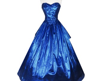 Vintage 80s Strapless Blue Metallic Lamé Foil Full Skirt Zum Zum Prom Gown Party Dress Gown Ballgown Shiny AS IS