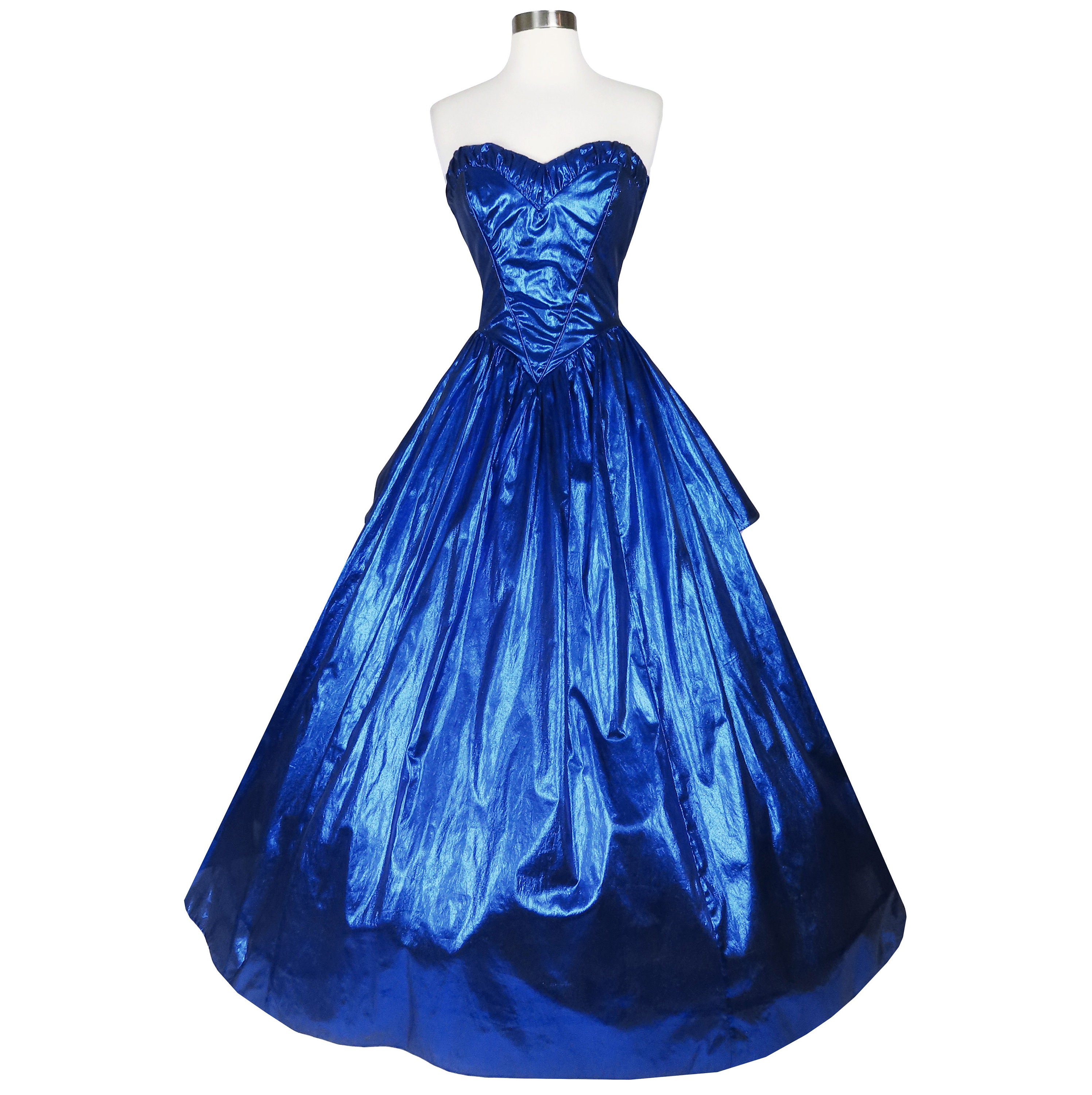 Vintage 80s Strapless Blue Metallic Lamé Foil Full Skirt Zum