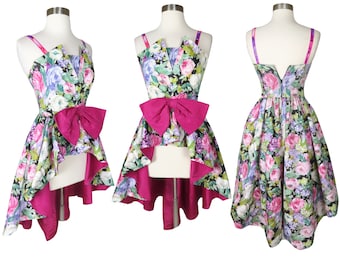 Vintage 80s 90s Floral Peplum Full Skirt Tux Tuxedo Prom Cocktail Party Dress Top XXS XS Garden Party Womens BOW Sleeveless Flower Print