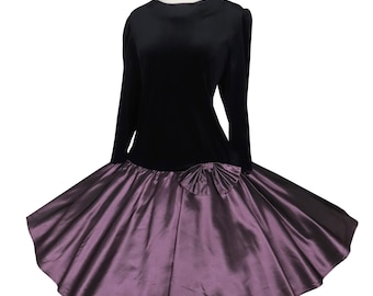 Vintage 80s 90s Black Dark Purple Prom Party Dress XL Extra Large Velveteen Long Sleeve Taffeta Bow Full Circle Skirt Bow Dance Womens