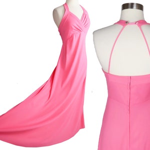 Vintage 70er Jahre Candy Pink Empire-Taille Ärmellos Langes Maxi Kleid Hippie Boho Boho Riemchen Womens Bubblegum Feminin SOLID PINK