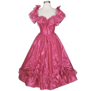 Vintage 80s Pink Shiny Southern Belle Gown Off Shoulder Ruffle Full Skirt Bows Prom Party Dress XXS XS Extra Small Zum Zum Ballgown Costume