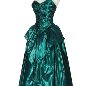 Vintage 80s Metallic Green Lamé Foil Strapless Ruched Peplum Full Skirt Ballgown Prom Party Dress Ball Gown XS S Extra Small image 5