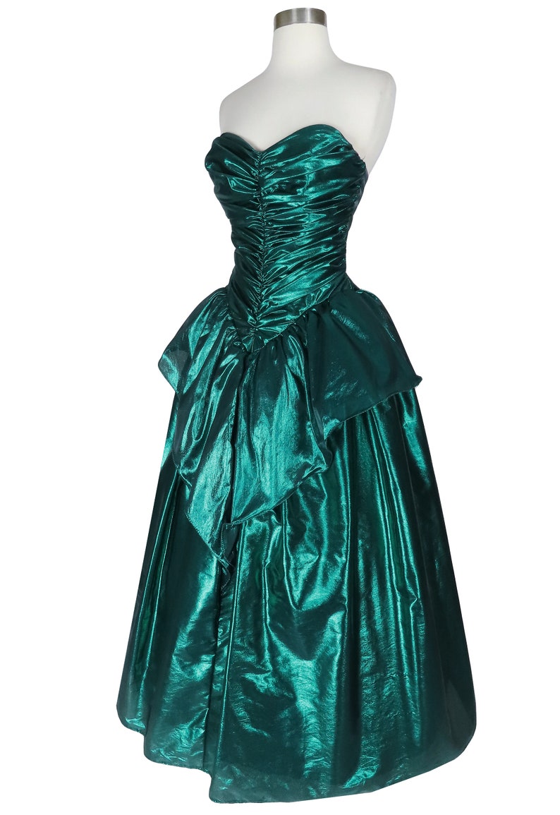 Vintage 80s Metallic Green Lamé Foil Strapless Ruched Peplum Full Skirt Ballgown Prom Party Dress Ball Gown XS S Extra Small image 5