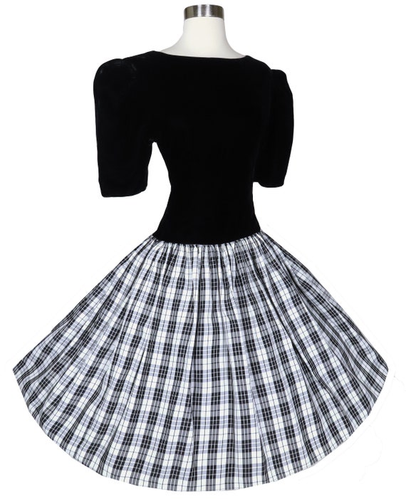 Vintage 80s Black Velvet White PLAID Taffeta Full… - image 4