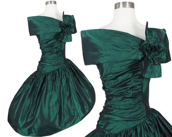Vintage 80s 90s Gunne Sax Prom Party Dress S Small Dark Green Taffeta Wrap Ruched Asymmetrical Full Skirt Jessica McClintock Costume Formal