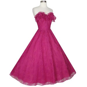 Vintage 70s 80s Pink Strapless Ruffle Lace Prom Party Dress S Small Magenta Floral Full Skirt Womens Formal Dance 50s Fit Flare Princess