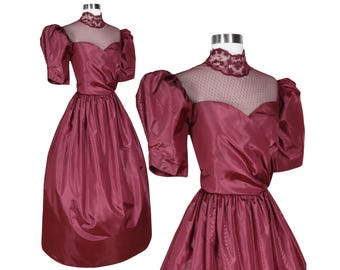 Vintage 80s Maroon Moire Long Maxi Prom Gown Party Dress M Medium High Neck Lace Evening Formal Bridesmaid Costume Eighties 1980s Red Brown