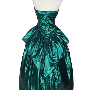 Vintage 80s Metallic Green Lamé Foil Strapless Ruched Peplum Full Skirt Ballgown Prom Party Dress Ball Gown XS S Extra Small image 7