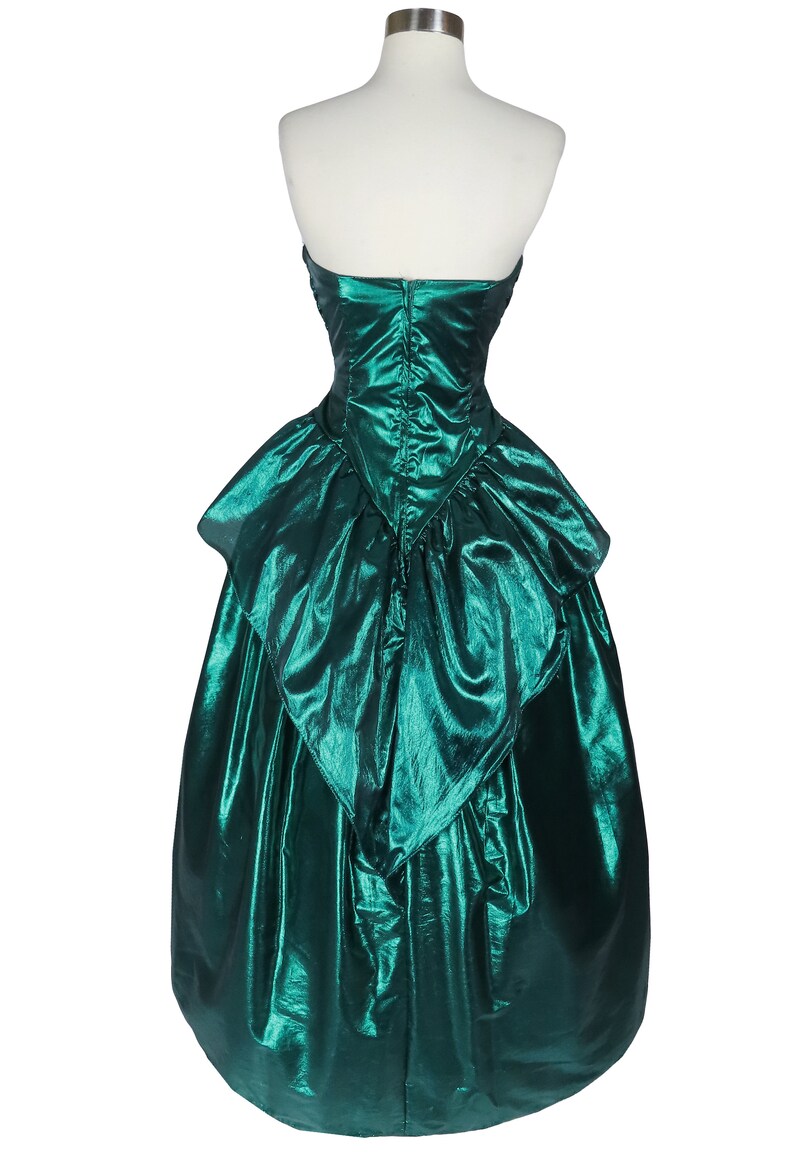 Vintage 80s Metallic Green Lamé Foil Strapless Ruched Peplum Full Skirt Ballgown Prom Party Dress Ball Gown XS S Extra Small image 7