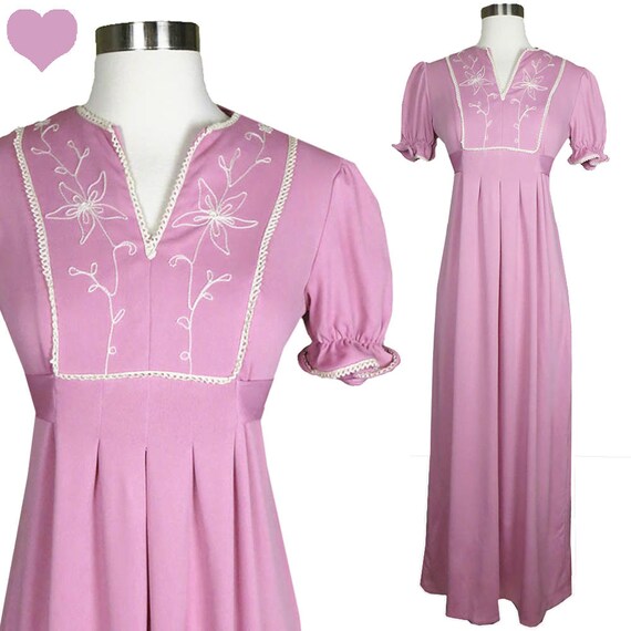 Vintage 70s Dress / Pink Maxi Dress / Puff Sleeve