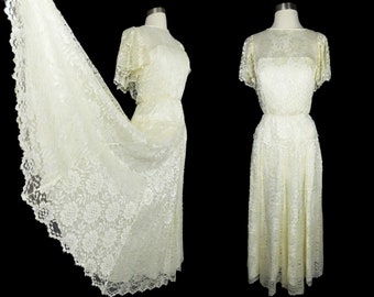 Vintage 70s 80s Prom Party Dress XXS Cream Lace Bridal Wedding Formal Romantic Cottage Core Petite Draped Floral Feminine Scalloped Lace