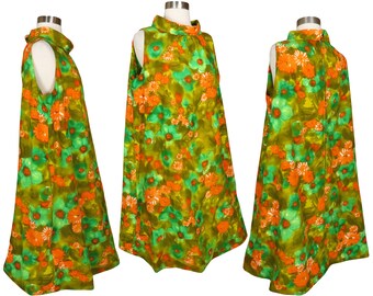 Vintage 60s Green Orange Mod Psychedelic Floral Print Sleeveless Collared Tent Shift Dress XL XXL Extra Large Casual Volup Go Go GoGo Womens