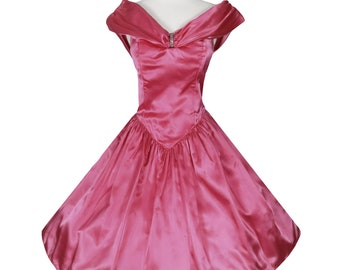 Vintage 80s 50s Pink Satin Zum Zum Full Skirt Prom Party Dress XS S Extra Small Sleeveless Pretty Bubblegum Candy Best Womens Formal Dance