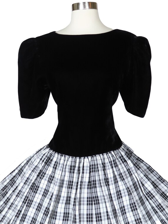 Vintage 80s Black Velvet White PLAID Taffeta Full… - image 3