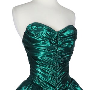 Vintage 80s Metallic Green Lamé Foil Strapless Ruched Peplum Full Skirt Ballgown Prom Party Dress Ball Gown XS S Extra Small image 8