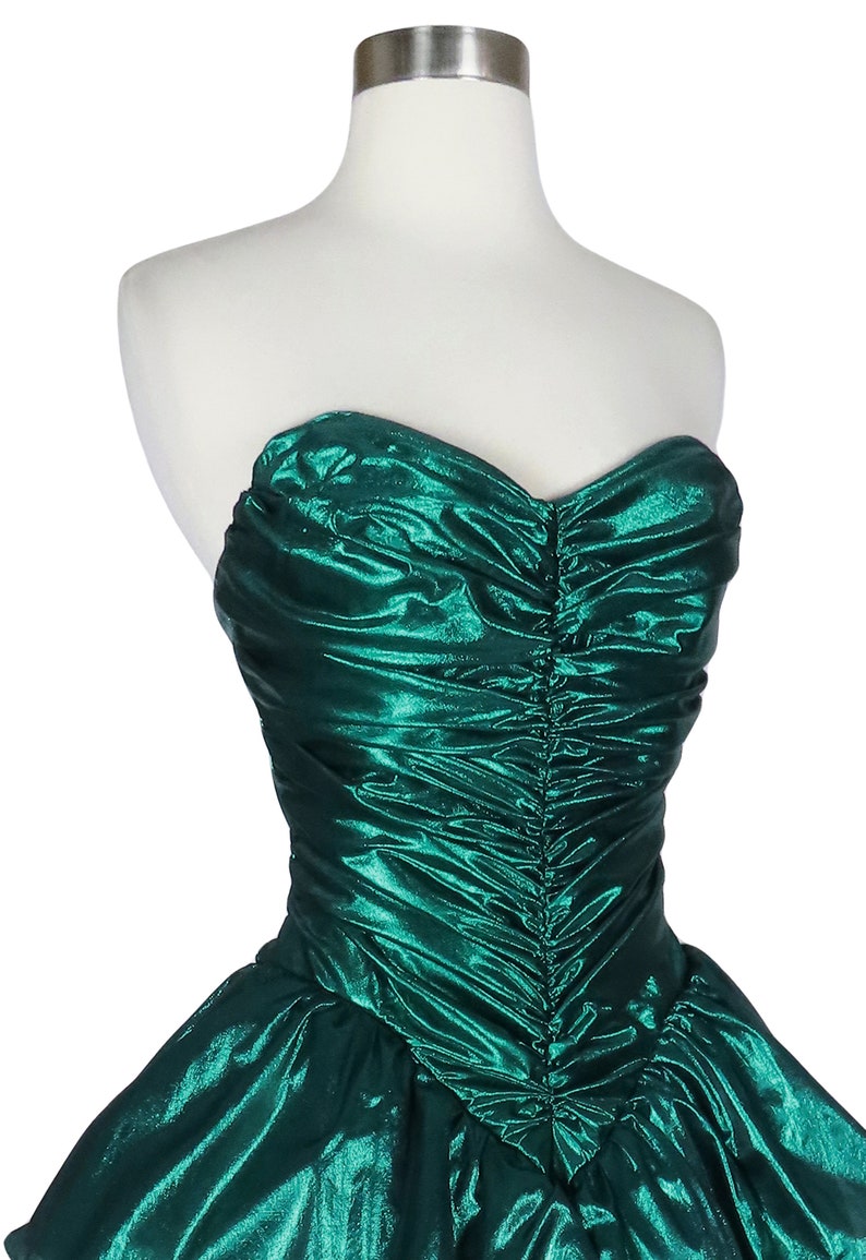 Vintage 80s Metallic Green Lamé Foil Strapless Ruched Peplum Full Skirt Ballgown Prom Party Dress Ball Gown XS S Extra Small image 8