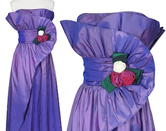 Vintage 80s Gunne Sax Lavender Purple Strapless Petal Bust Iridescent Taffeta Ruffle Wrap Full Skirt Prom Party Dress XXS XS Extra Small