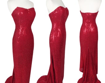 Vintage 80s 90s Red Strapless Sequin Metallic Lurex Slit Prom Party Maxi Dress XS S Sparkly Shiny Sequinette Glam Diva Bombshell Costume